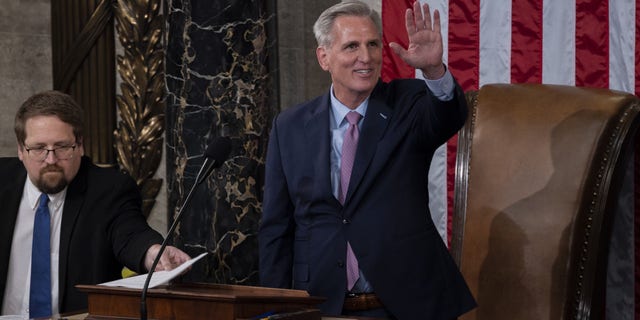 House Speaker Kevin McCarthy, R-Calif., celebrates after taking the oath of office in Washington, D.C., on Jan. 7, 2022.