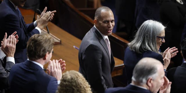 House Democratic Leader Hakeem Jeffries, D-N.Y., is acknowledged in the House Chamber during the second day of elections for Speaker of the House at the U.S. Capitol Building on Jan. 4, 2023 in Washington, D.C. 
