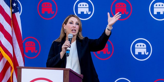 RNC Chair Ronna McDaniel speaks at a rally in Newport Beach, California, on Sept. 26, 2022.