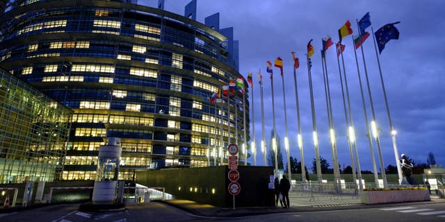 File photo shows the flags of the member states of the European Union blow in the wind at dusk in front of the European Parliament in Strasbourg, France. The European Parliament passed a non-binding resolution last week urging the Islamic Revolutionary Guard Corps be added to the bloc's terrorism list.