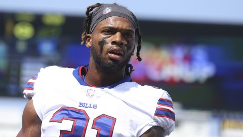 Buffalo Bills safety Damar Hamlin prior to the start of the first half of a pre-season NFL football game on August 28, 2021, in Orchard Park, New York. 