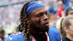 ORCHARD PARK, NEW YORK - OCTOBER 09: Damar Hamlin #3 of the Buffalo Bills walks to the tunnel during halftime against the Pittsburgh Steelers at Highmark Stadium on October 09, 2022 in Orchard Park, New York. 