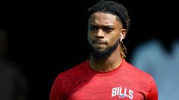 Damar Hamlin #3 of the Buffalo Bills looks on prior to a game against the Miami Dolphins at Hard Rock Stadium on September 25, 2022 in Miami Gardens, Florida. 