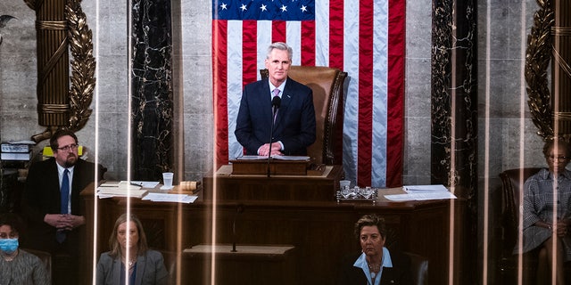 Kevin McCarthy addresses the 118th Congress after he won the speakership on the 15th ballot on Jan. 7, 2023.