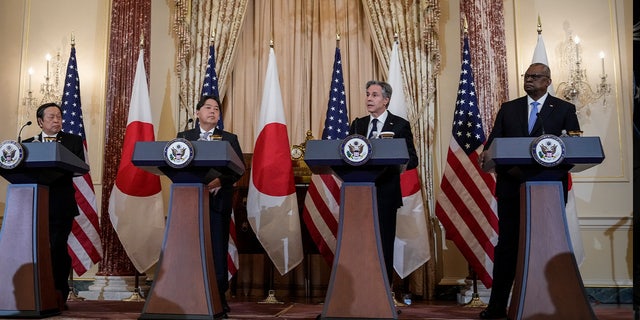 From left to right, Japanese Defense Minister Hamada Yasukazu, Japanese Foreign Minister Hayashi Yoshimasa, U.S. Secretary of State Antony Blinken and U.S. Secretary of Defense Lloyd Austin participate in a news conference at the U.S. Department of State Jan. 11, 2023, in Washington, D.C. 