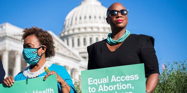 Rep. Ayanna Pressley, D-Mass., right, and Rep. Barbara Lee, D-Calif., conduct a news conference on the Women's Health Protection Act outside of the U.S. Capitol on Friday, September 24, 2021.