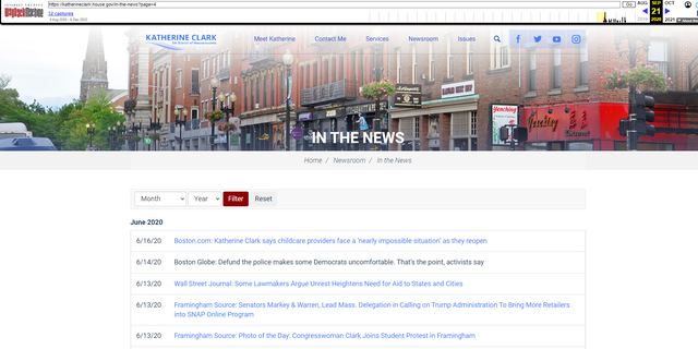 Internet Archive screenshot of Rep. Katherine Clark's "In the News" section of her website from September 21, 2020  that shows the Boston Globe article.