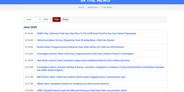 Current "In the News" section from the website of House Democrat Whip Katherine Clark of Massachusetts that appears to have had a pro-defund the police article scrubbed from it.