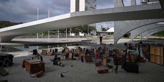 Partial view of one of entrance of Planalto Presidential Palace destroyed by supporters of Brazilian former President Jair Bolsonaro during an invasion, in Brasilia on January 9, 2023. (CARL DE SOUZA/AFP via Getty Images)