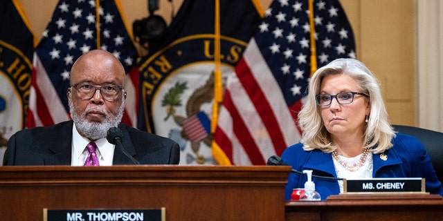 Chairman Bennie Thompson, D-Miss., left, and Rep. Liz Cheney, R-Wyo., take their seats for the Select Committee to Investigate the January 6th Attack on the Capitol hearing on Thursday, Oct. 13, 2022. 