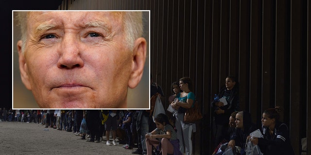 A split photo of Joe Biden and migrants line up as they wait to be processed by US Border Patrol after illegally crossing the US-Mexico border in Yuma, Arizona July 11, 2022.