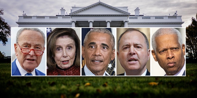 A split photo showing Chuck Schumer, Nancy Pelosi, Barack Obama, Adam Schiff, and Hank Johnson