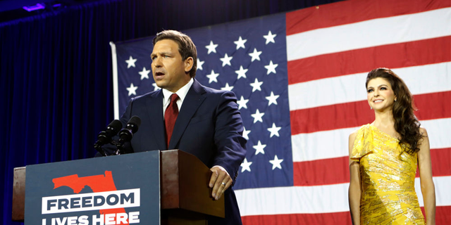 Florida Gov. Ron DeSantis gives a victory speech after defeating Democratic gubernatorial candidate Charlie Crist while wife Casey DeSantis looks on during his election night watch party Nov. 8, 2022, in Tallahassee, Fla