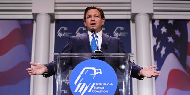 Florida Gov. Ron DeSantis speaks at an annual leadership meeting of the Republican Jewish Coalition on Nov. 19, 2022, in Las Vegas.