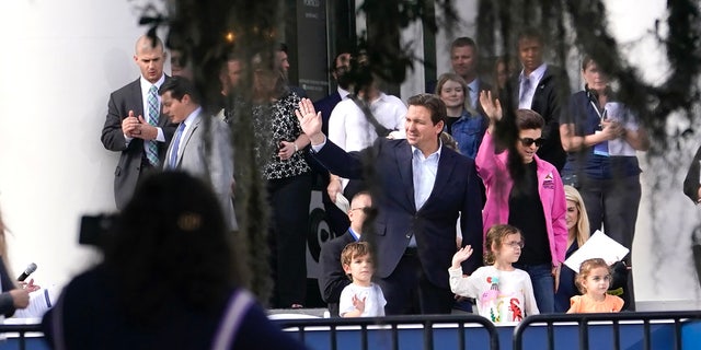 Florida Gov. Ron DeSantis waves with his wife Casey and their children, from left, Mason, Madison and Mamie, as he rehearses for his inauguration, Monday, Jan. 2, 2023, at the Old Capitol, in Tallahassee.