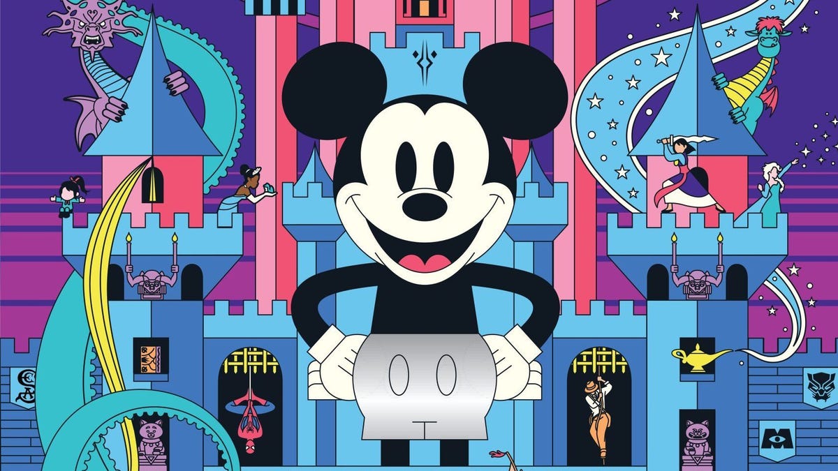 A giant black and white Mickey Mouse stands among smaller Disney characters and icons