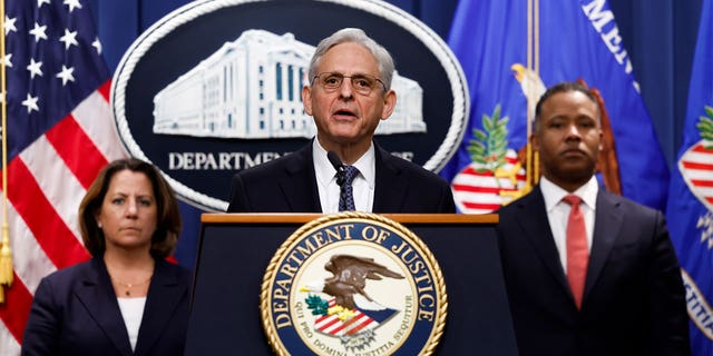 FILE PHOTO: U.S. Attorney General Merrick Garland delivers remarks at the U.S. Justice Department Building in Washington, DC. 