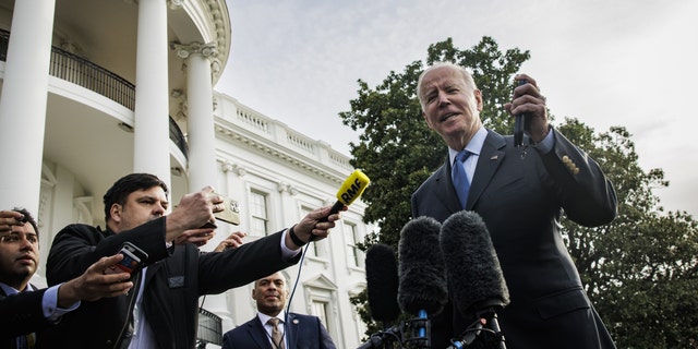 U.S. President Joe Biden speaks to members of the media on the South Lawn of the White House before boarding Marine One in Washington, D.C., U.S., on Wednesday, March 23, 2022. Biden and allies meeting Thursday in Brussels are expected to announce both new sanctions against Russia over its invasion of Ukraine the White House said yesterday. Photographer: Samuel Corum/Bloomberg via Getty Images