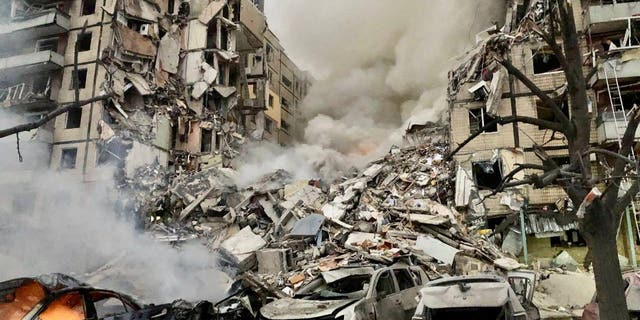 A view shows an apartment building heavily damaged by a Russian missile strike, amid Russia's attack on Ukraine, in Dnipro, Ukraine January 14, 2022. Governor of Dnipropetrovsk region Valentyn Reznichenko via Telegram/Handout via REUTERS.