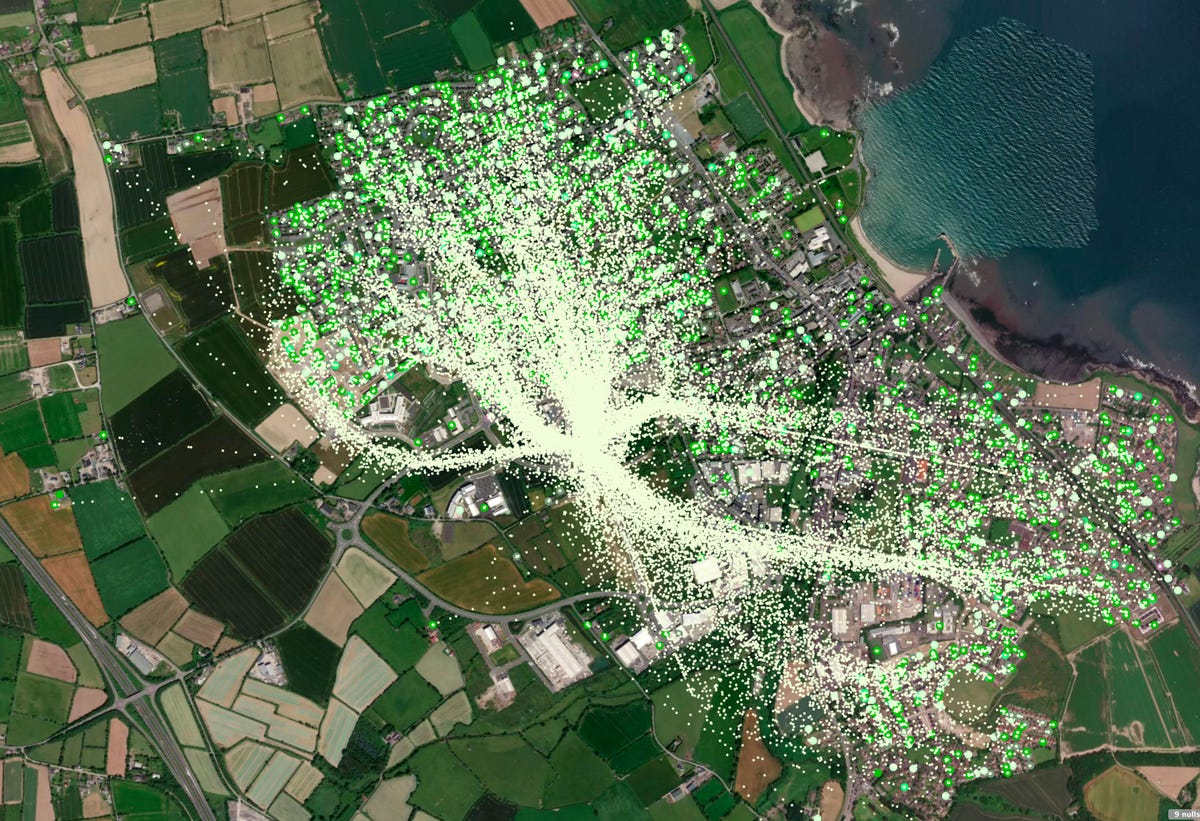 A map shows hundreds of drone delivery flight paths above a town near Dublin, Ireland.