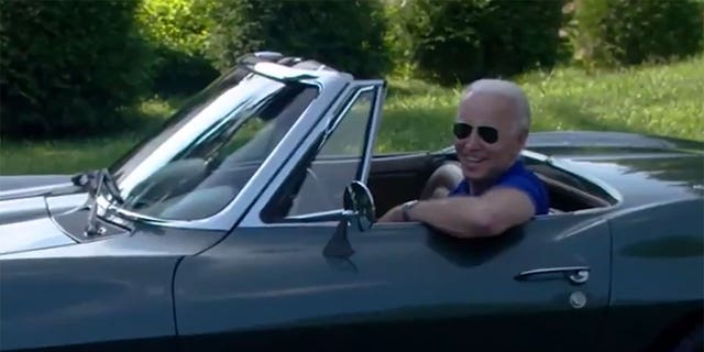 Joe Biden smiles from the front seat of his Corvette Stingray in a 2020 campaign video push to revitalize the American auto industry. 