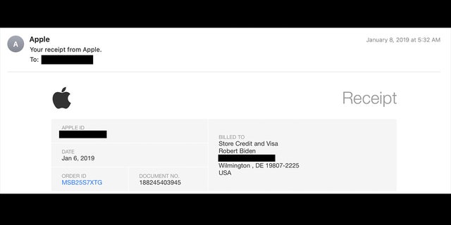 An Apple receipt addressed to Hunter Biden. The email and address have been redacted by Fox News Digital for privacy. 