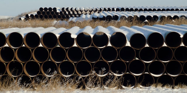 This file photo shows a depot used to store pipes in Gascoyne, North Dakota, for the Keystone XL pipeline.