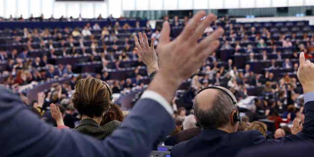 Members of the European Parliament vote on a new law to reform EU procedures at the European Parliament, on Jan. 17, 2023, in Strasbourg, France. The European Parliament wants the European Union to add Iran's Revolutionary Guard to its terrorist list.