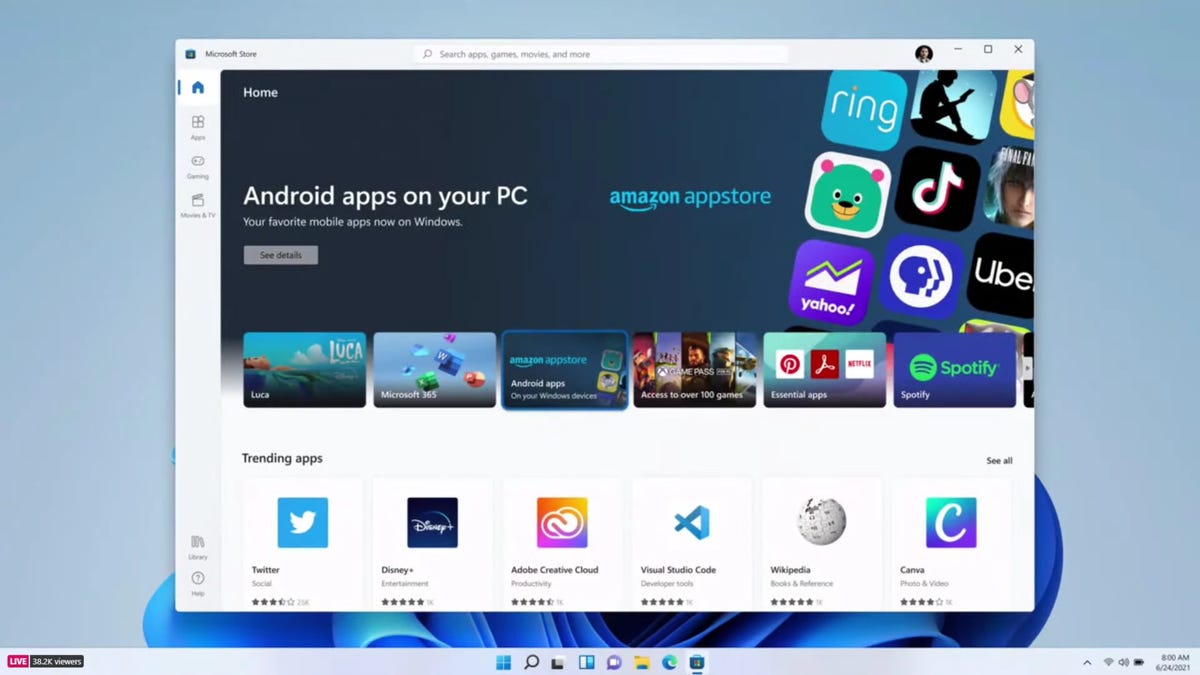 Windows 11 desktop showing Android app store