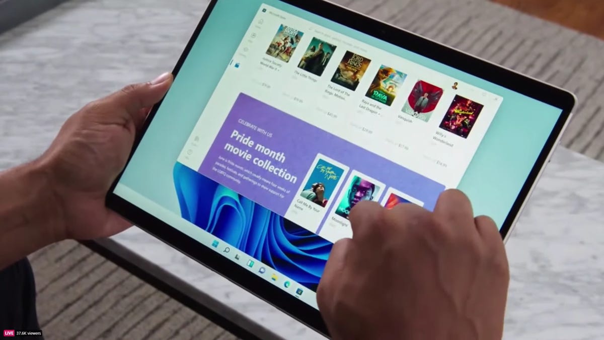 A Windows 11 tablet shows a Pride Month movie collection