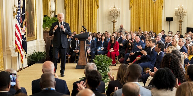 President Biden speaks to members of the United States Conference of Mayors in the East Room of the White House on January 20, 2023.