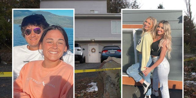 A split photo showing the crime scene and the victims, including University of Idaho students Ethan Chapin, 20; Xana Kernodle, 20; Madison Mogen, 21; and Kaylee Goncalves, 21.