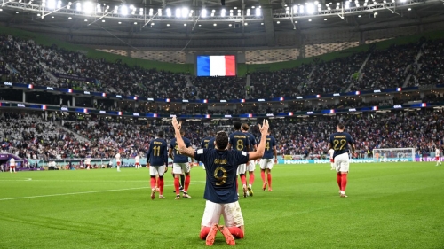 France's Olivier Giroud celebrates scoring his team's first goal against Poland on December 4. With the goal, Giroud became emLes Bleus/em' all-time top goalscorer. France defeated Poland 3-1 to advance to the quarterfinals.