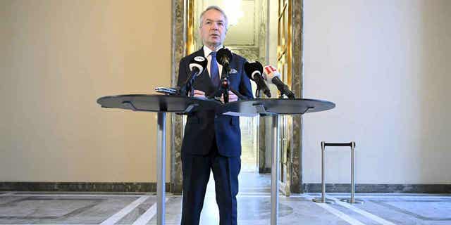 Finland's Foreign Minister Pekka Haavisto speaks at the Parliament building in Helsinki, Finland, on Jan. 24, 2023. Haavisto appears to have suggested that the country may have to join NATO without Sweden.