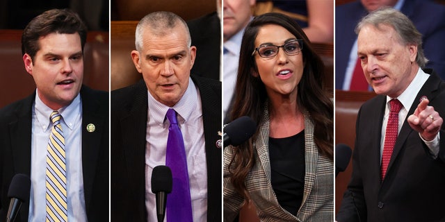 From left to right: GOP Rep.-elects Matt Gaetz of Florida, Matt Rosendale of Montana, Lauren Boebert of Colorado, and Andy Biggs of Arizona.