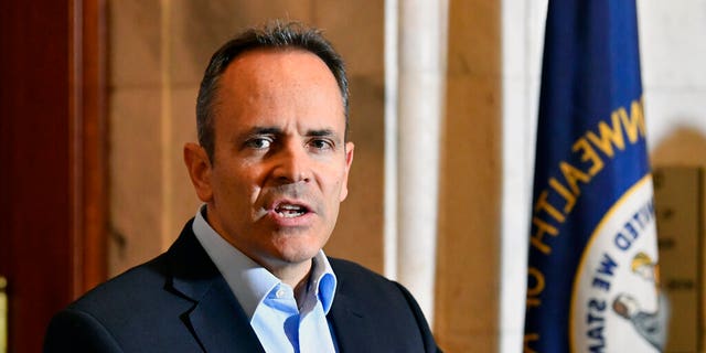 Then-Republican Kentucky Gov. Matt Bevin speaks with reporters as he conceded the gubernatorial race to Democrat Andy Beshear in Frankfort, Ky., Thursday, Nov. 14, 2019.