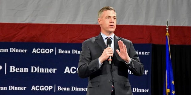 Rep. Jim Banks of Indiana speaks at an Allen County GOP dinner, in Fort Wayne Indiana on Oct. 12, 2022.