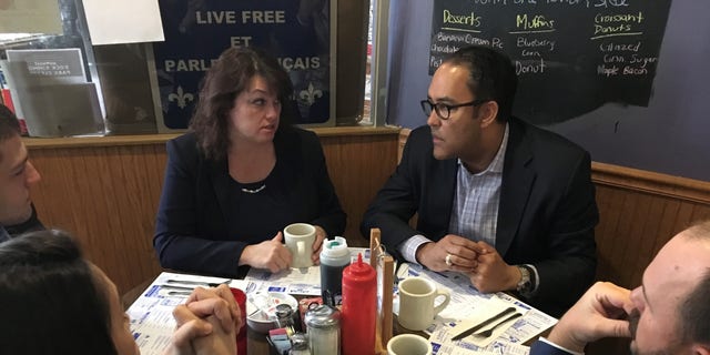 Then-GOP Rep. Will Hurd of Texas met with local Republicans in New Hampshire, as he campaigned during the 2020 cycle for fellow party members, on May 3, 2019 in Manchester, N.H.