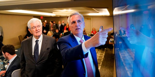 Former Speaker of the House Newt Gingrich and House Speaker Kevin McCarthy, R-Calif., watch midterm election results come in on Election Day. 