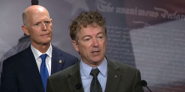 Sen. Rand Paul, R-Ky., stands alongside his fellow Republican senators at a press conference addressing the national debt on Wednesday, January 25, 2023.