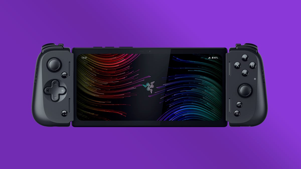 A rendering of the Razer Edge 5G on a shaded purple background