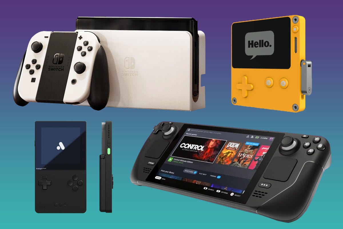 handheld-gaming-cnet-2021-switch-oled-vs-steam-deck-vs-panic-playdate-vs-analogue-pocket-turquoise-purple
