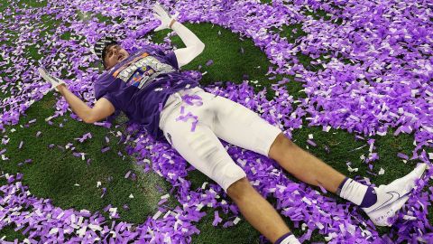 Ryan Quintanar of the TCU Horned Frogs celebrates with confetti following the Fiesta Bowl on December 31, 2022.