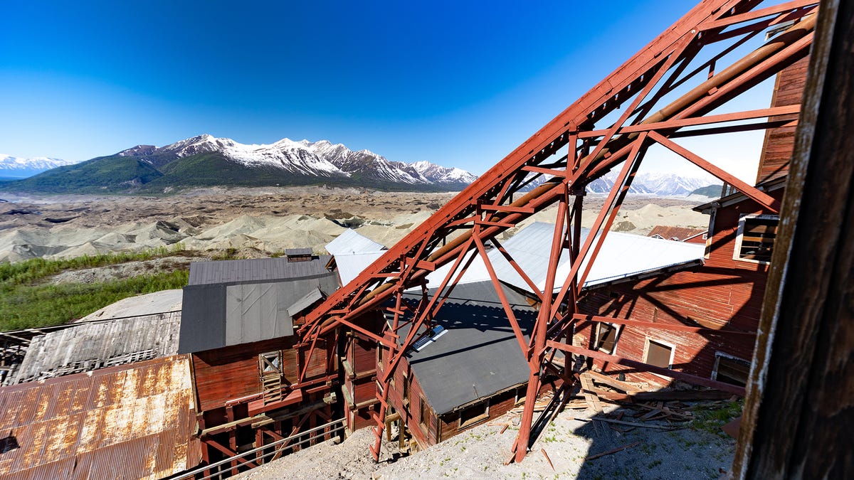 A chute for high-grade copper, with the Wrangell mountains in the distance.