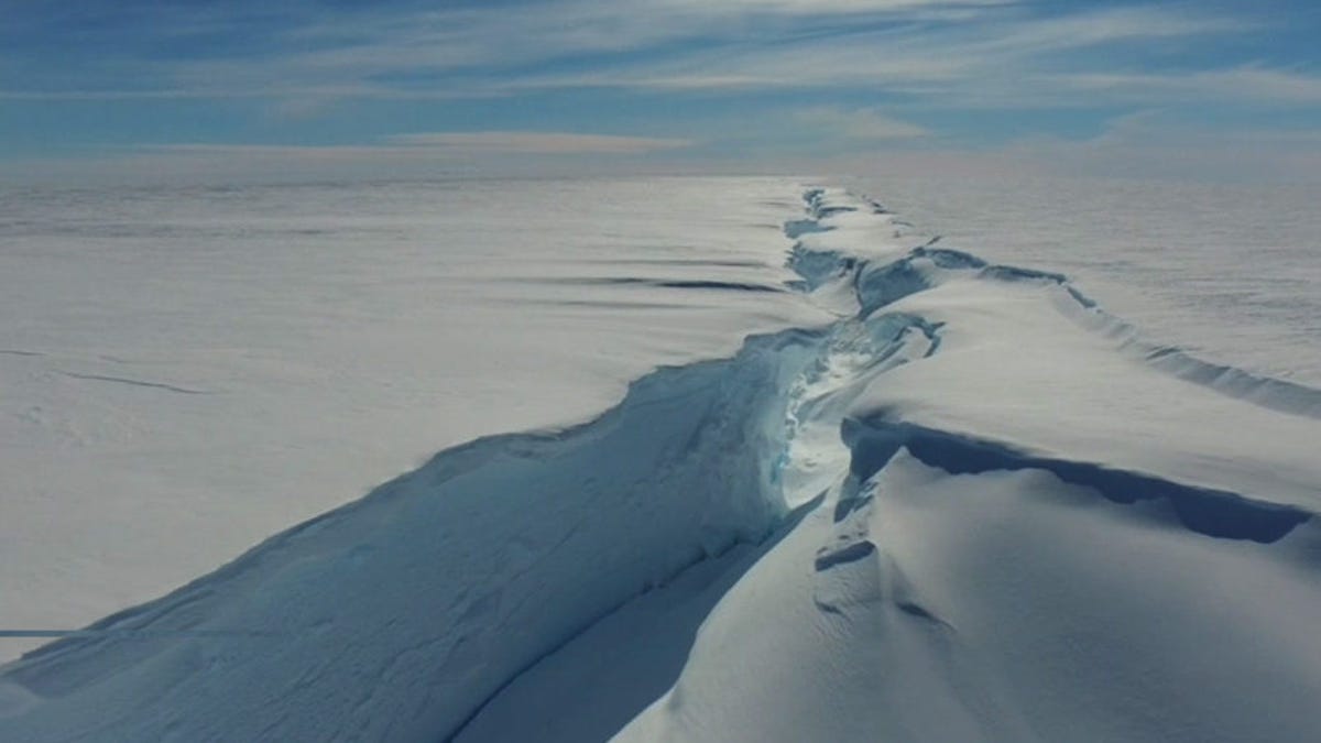 Close up look at the extensive crack in the ice shelf created by Chasm-1. Looks cold. This crack spawned a new iceberg in January 2023.