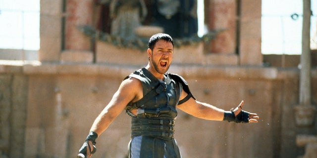 Russell Crowe with sword in a scene from the film 'Gladiator,' 2000.