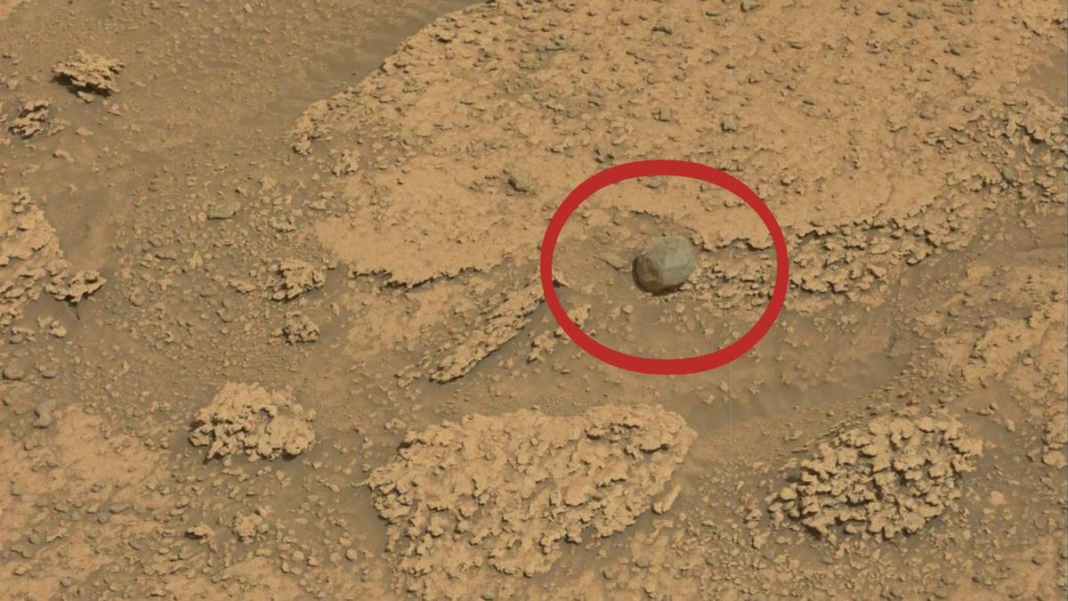 Crunch-looking brown Mars landscape with a round gray rock circled in red.