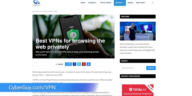 Photo of CyberGuy's website with an article on which VPN to choose.