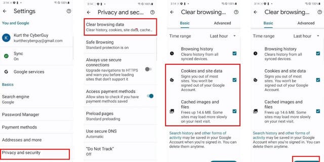 Instructions to clear cache and cookies: Privacy + Security, Clear Browsing Data, History, Cookies, Cached images, site data, Clear data. 