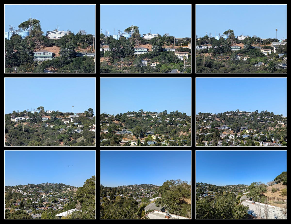 A collection of nine photos shows the same scene at a zoom range of 0.5x to 30x.